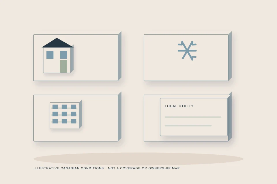 Conceptual illustration of four canadian building and climate specimens beside local utility records
