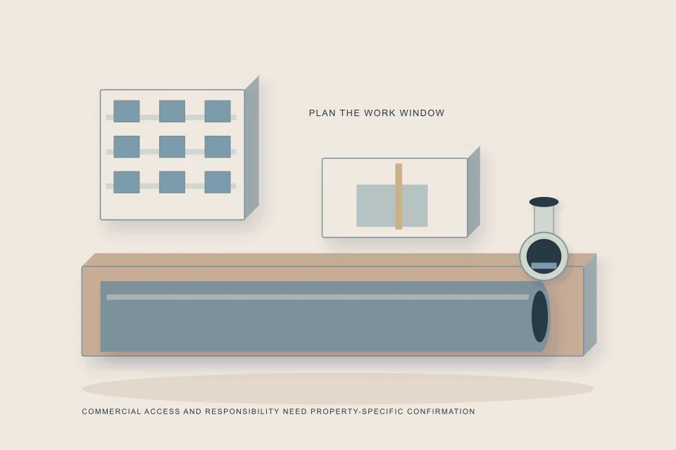 Conceptual illustration of multi-unit service yard with collector access and a grease interceptor