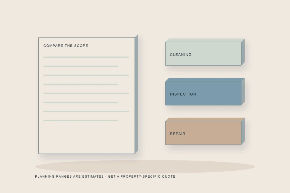 Conceptual illustration of service scope ledger beside cleaning inspection and repair specimen plinths