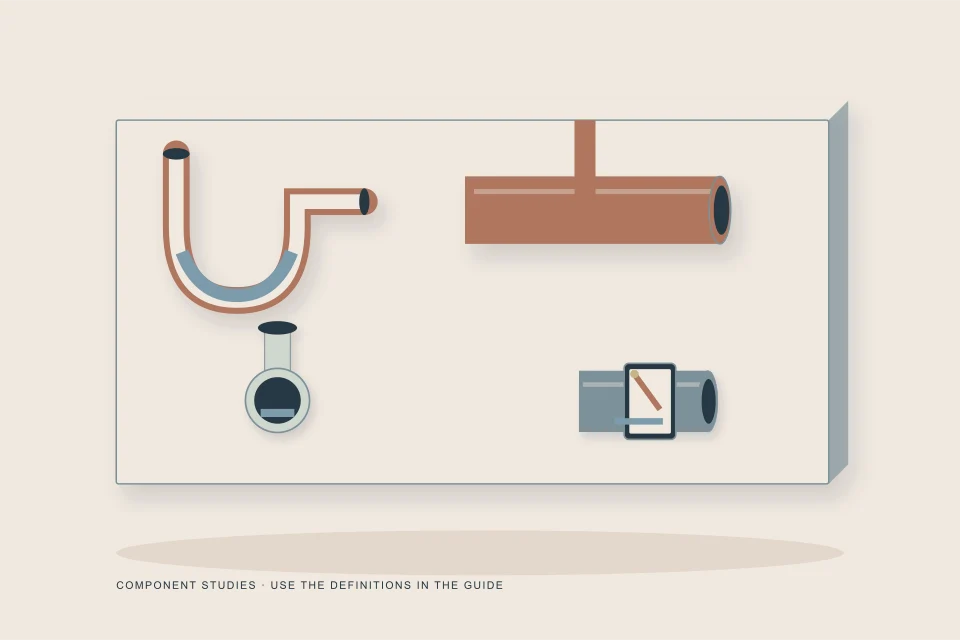 Conceptual illustration of sewer component cabinet containing trap cleanout lateral main and valve specimens