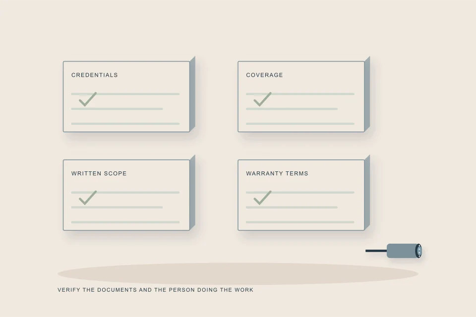 Conceptual illustration of four contractor evidence folders beside an inspection camera and written scope