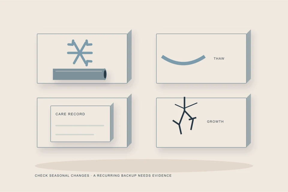 Conceptual illustration of four seasonal care quadrants with winter insulation spring melt summer roots and autumn records