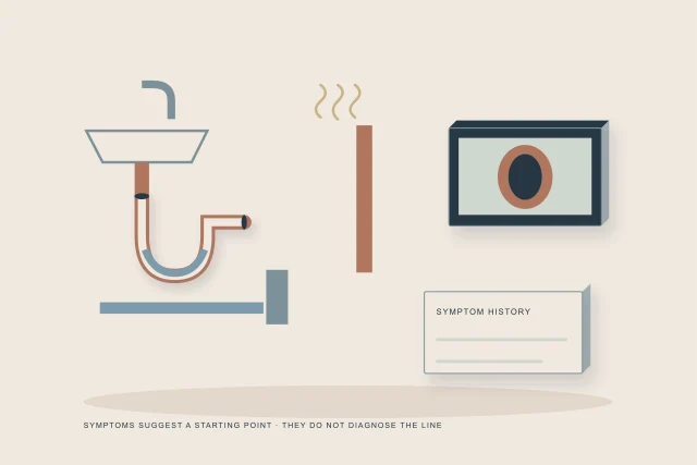 Conceptual illustration of fixture symptom desk showing slow sink gurgling vent low-floor water and inspection evidence
