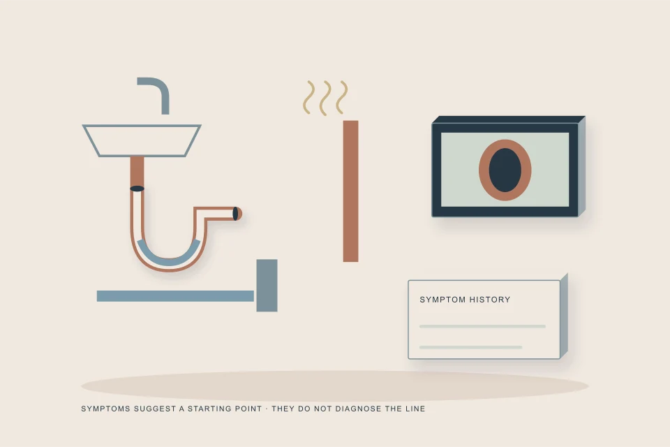 Conceptual illustration of fixture symptom desk showing slow sink gurgling vent low-floor water and inspection evidence