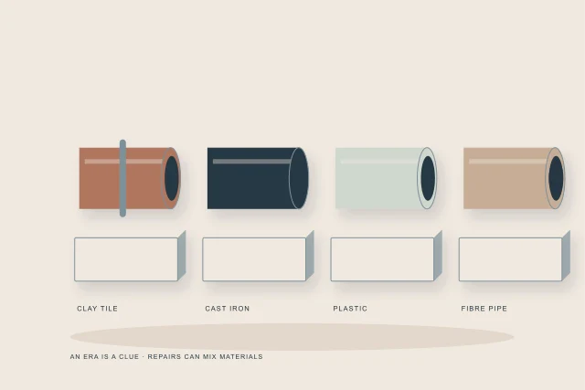 Conceptual illustration of four material specimens with clay joints cast iron plastic and deformed fibre profiles