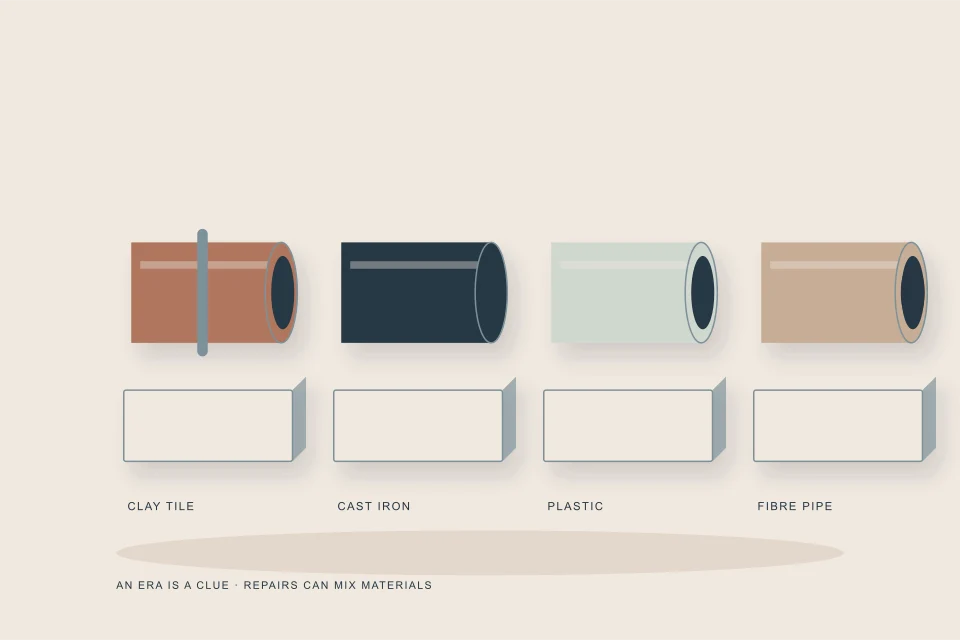 Conceptual illustration of four material specimens with clay joints cast iron plastic and deformed fibre profiles