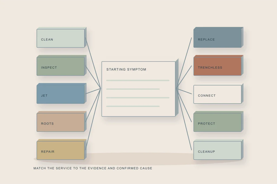 Conceptual illustration of ten service tiles around a symptom card with cleaning inspection repair and recovery cues