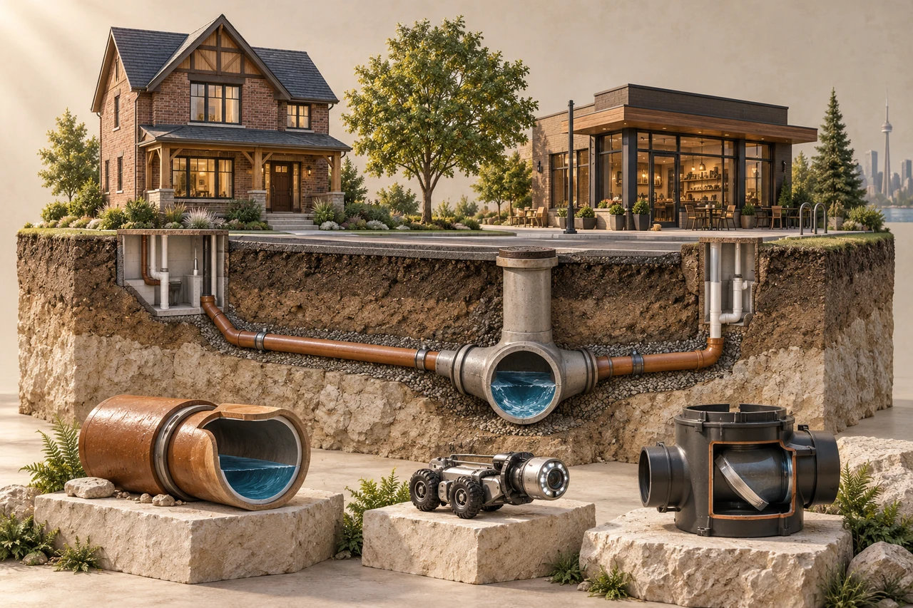 Original architectural Canadian house and commercial building cutaway with sewer laterals, a main, camera and backwater-valve specimens
