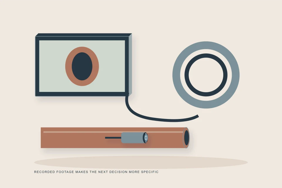 Conceptual illustration of cable reel and distance-referenced camera view above a lateral inspection specimen