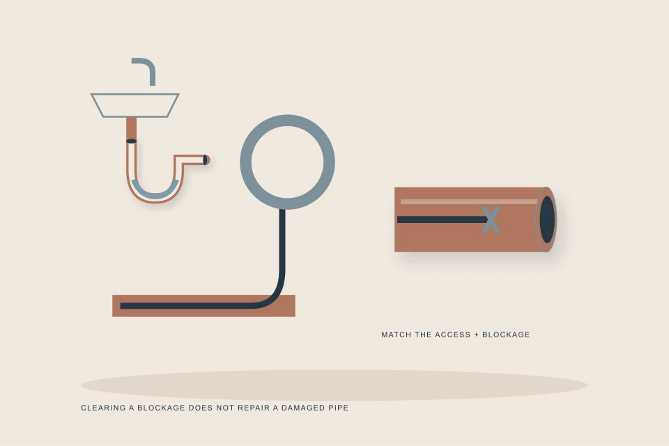 Conceptual illustration of hand auger clearing a fixture branch beside a larger main-line cable specimen