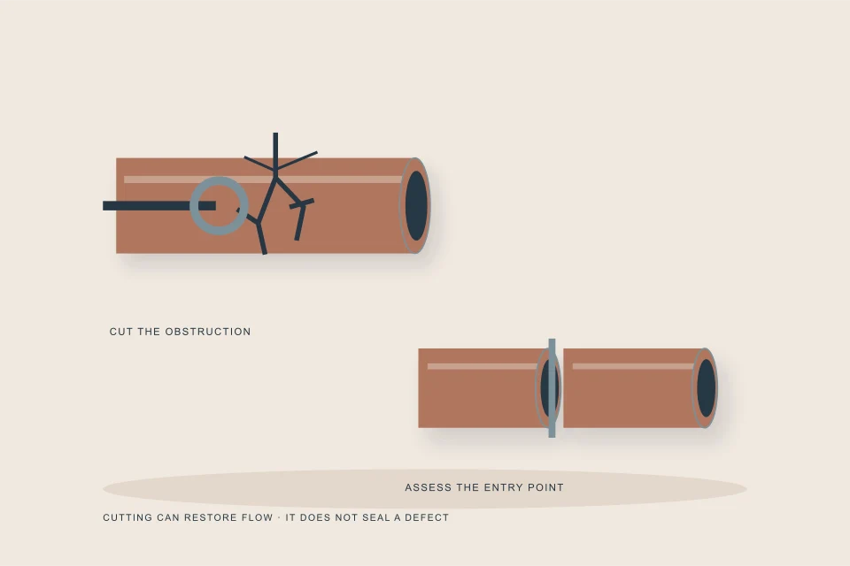 Conceptual illustration of root-intruded clay joint and cutting head with a separate sealed-joint specimen