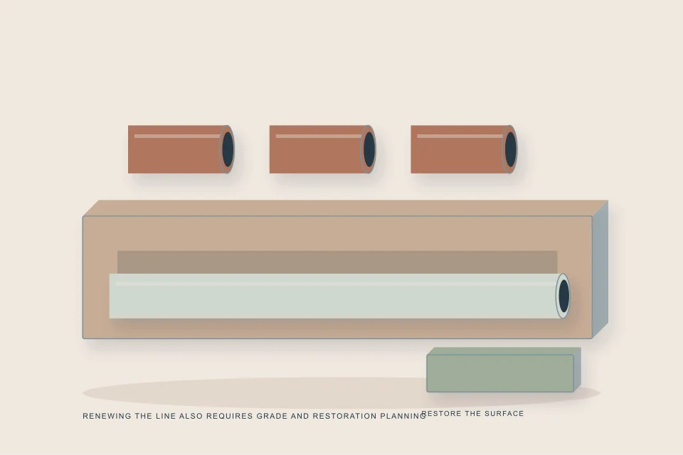 Conceptual illustration of open trench route with old clay segments removed and new plastic lateral below a surface restoration sample