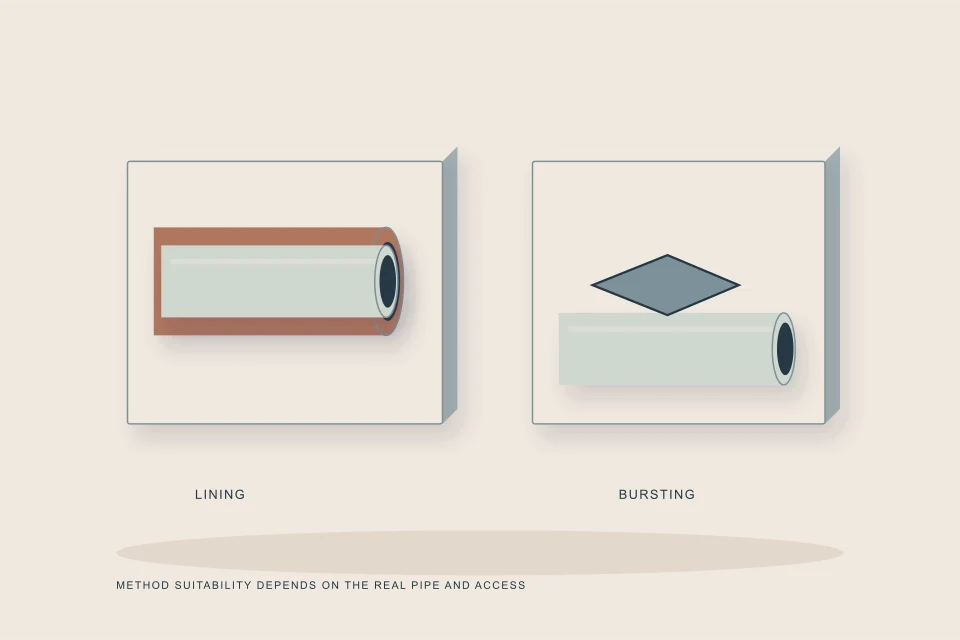 Conceptual illustration of lining tube and pipe-bursting head presented in separate method comparison bays