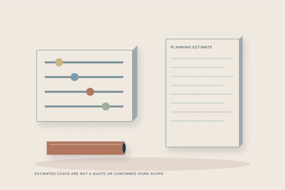 Conceptual illustration of length depth access and restoration controls beside an itemized planning estimate