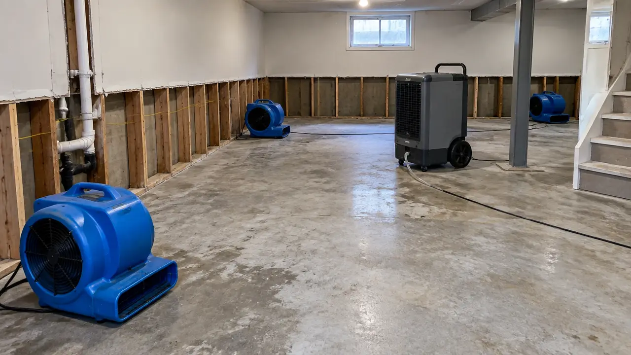 A basement with a flood cut in the drywall, air movers and a dehumidifier